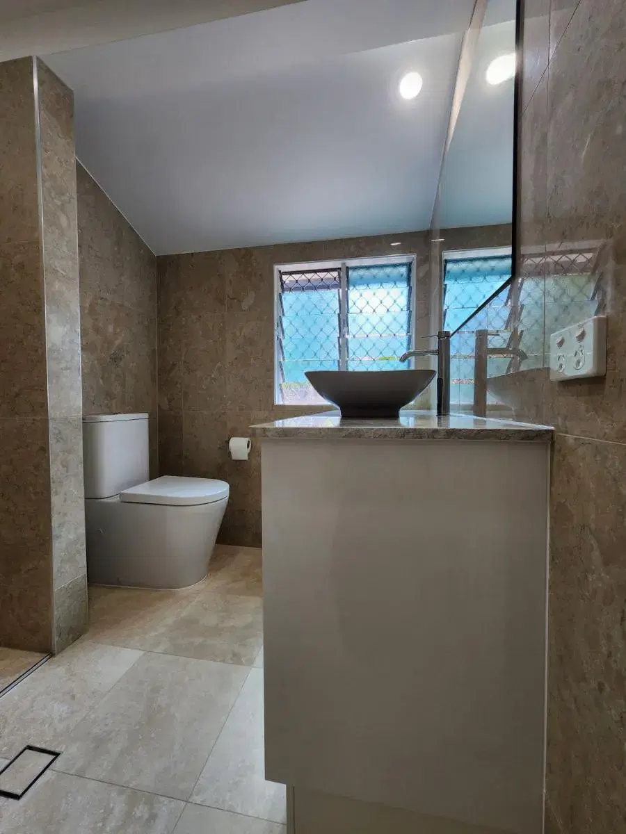 Completed North Ipswich bathroom with shower, vanity and toilet
