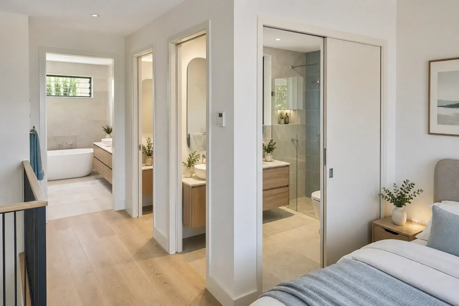 Brisbane home showing hallway access to main and guest bathrooms and private bedroom access to an ensuite