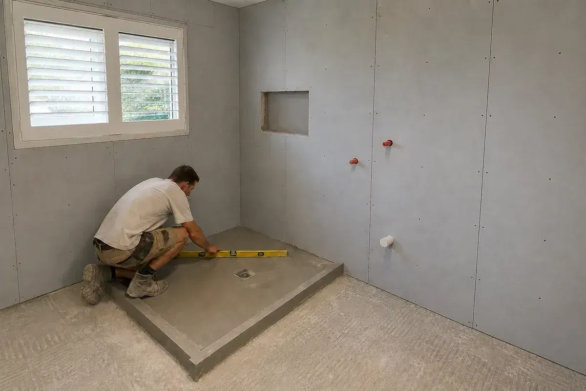 Sheet, form falls & prepare stage of a bathroom renovation in Brisbane