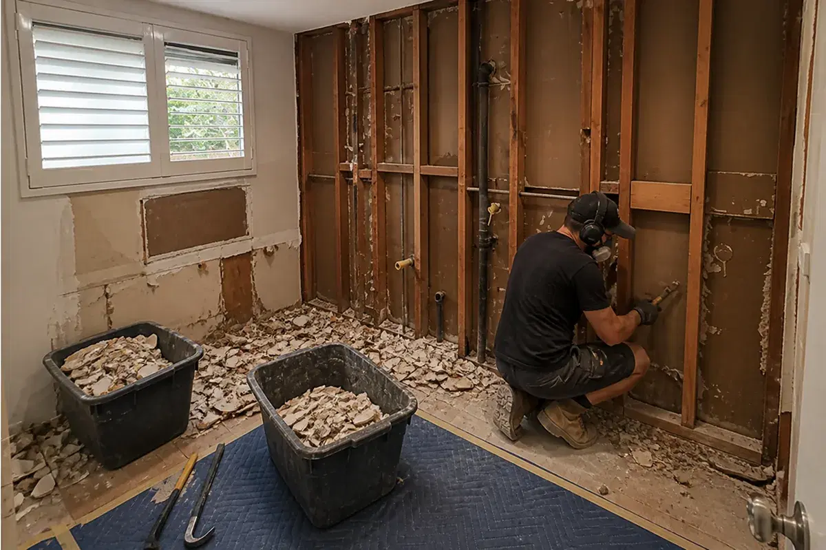 Protect, demolish & strip out stage of a bathroom renovation in Brisbane