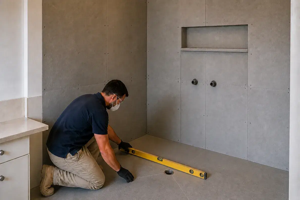Sheet & form falls stage of a shower renovation in Brisbane