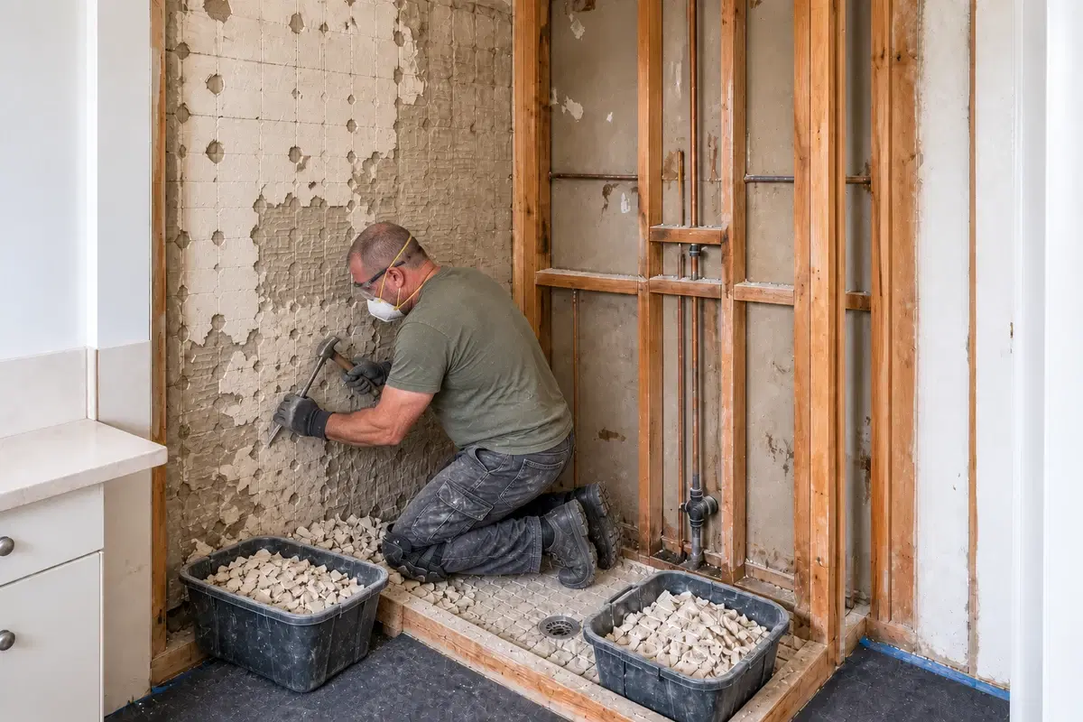 Protect & strip out stage of a shower renovation in Brisbane