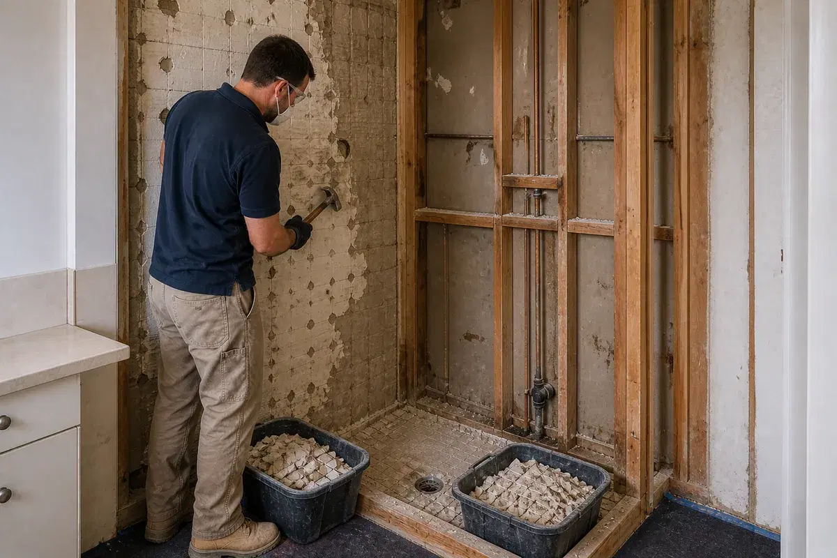 Protect & strip out stage of a shower renovation in Brisbane
