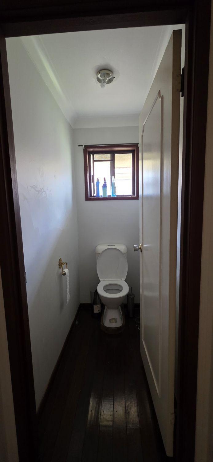 Wishart separate toilet before renovation with dark floor and plain walls