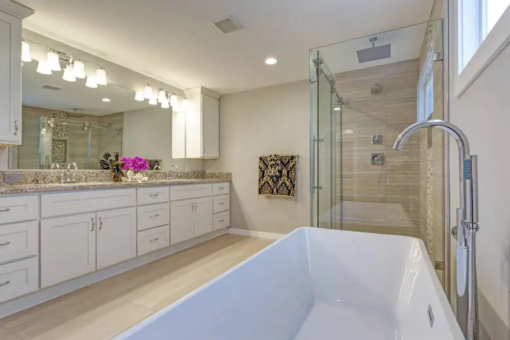Completed modern bathroom with frameless shower in Brisbane