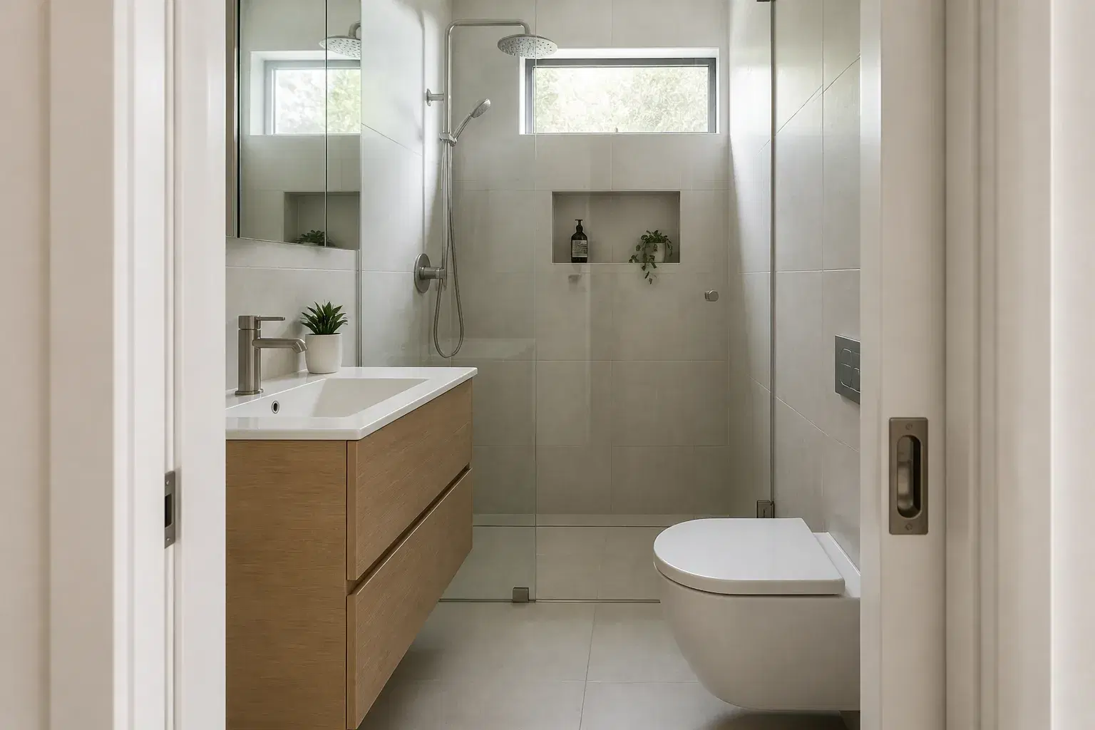 Space-saving small bathroom layout with a pocket door and clear circulation
