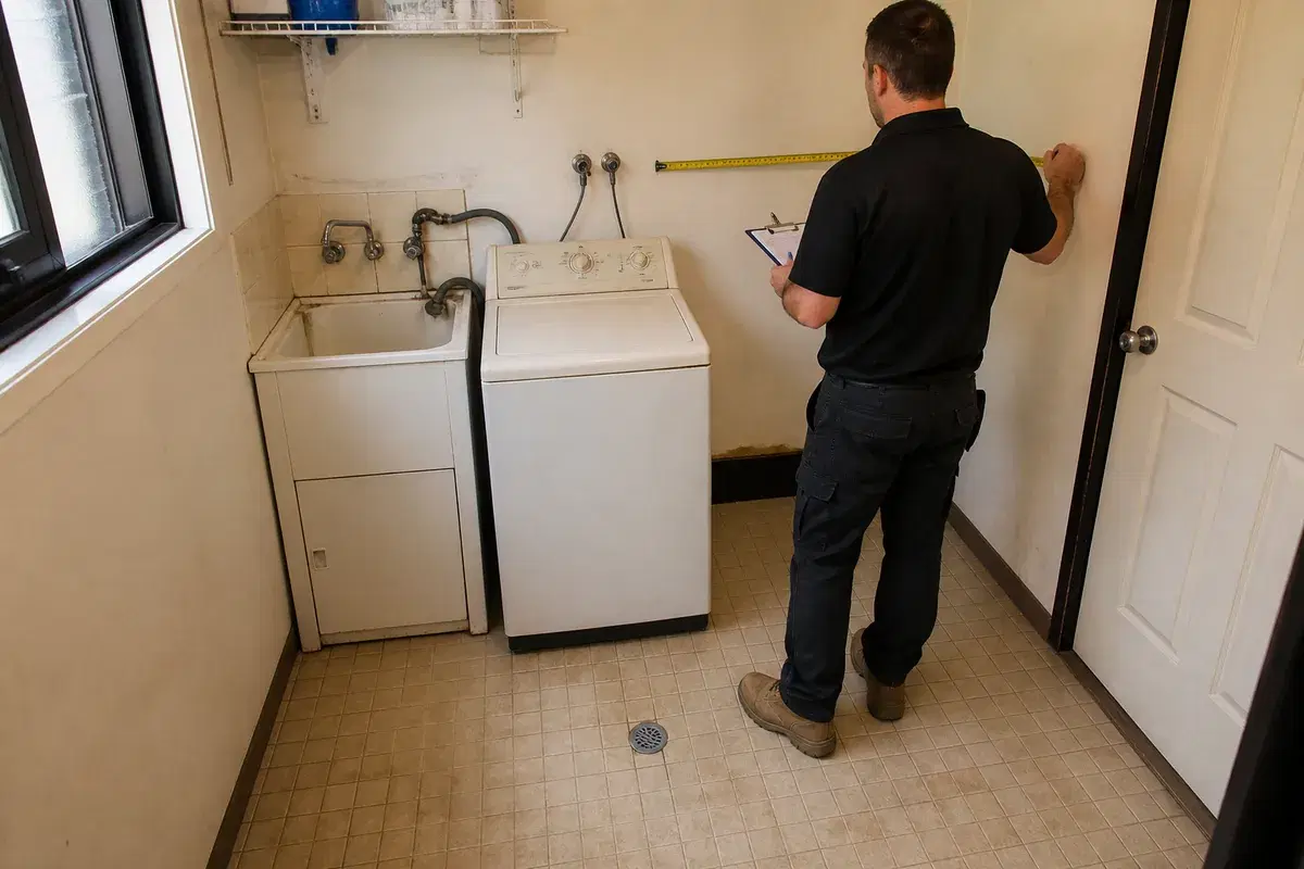 Assess, plan & measure stage of a laundry renovation in Brisbane