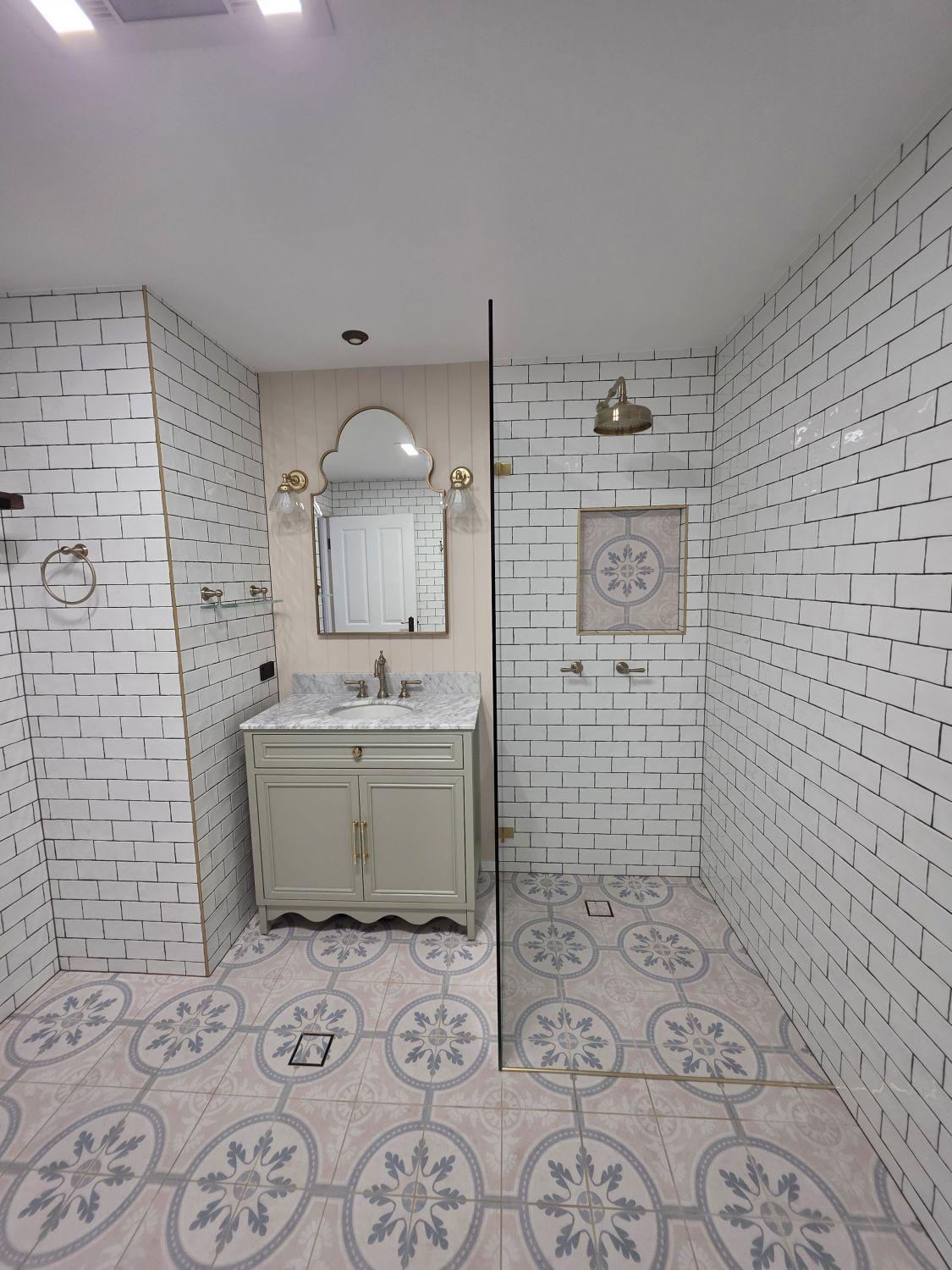 Open Holland Park bathroom layout with vanity and walk-in shower