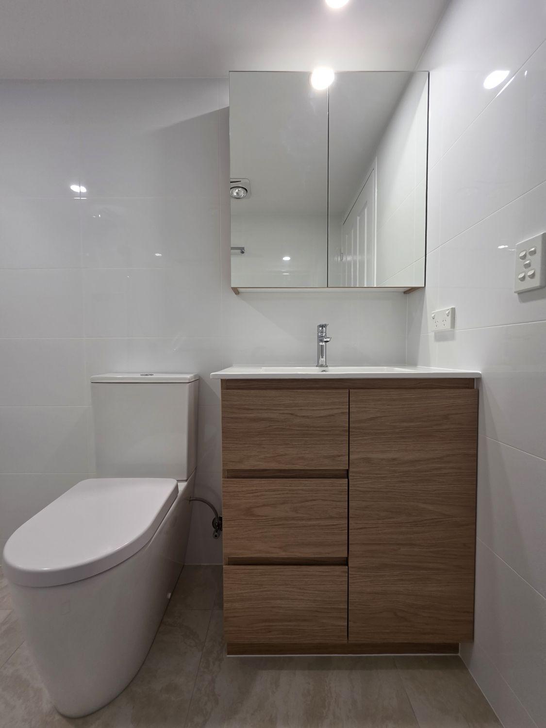New timber-look vanity and mirrored cabinet in the Taringa bathroom